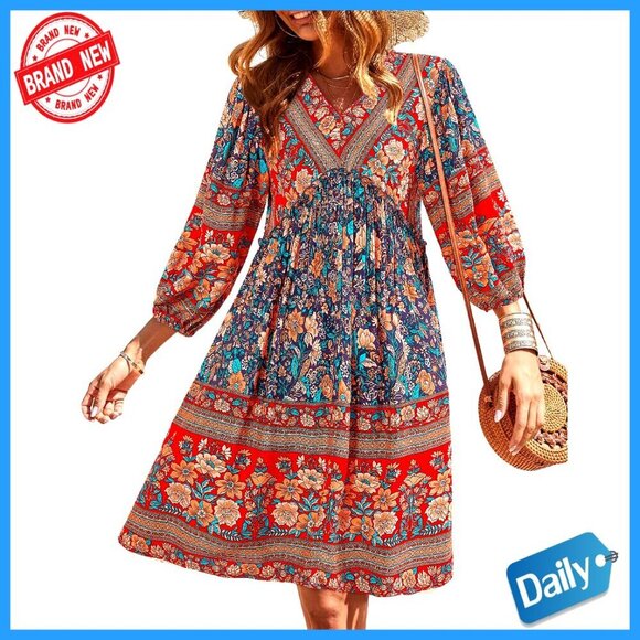 Dresses & Skirts - Floral Babydoll Mini Dress with V-Neck and 3/4 Sleeves
